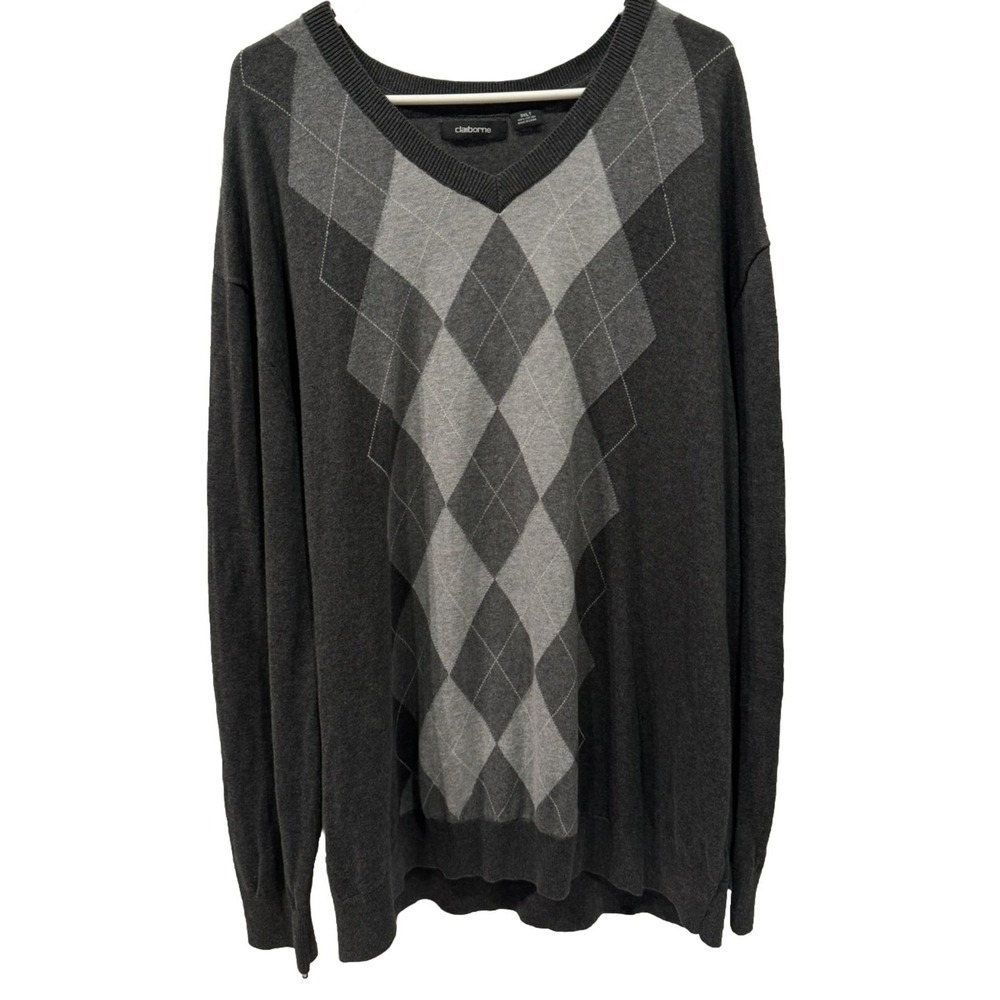 Claiborne Men's Big & Tall‎ 3XLT Gray Argyll Sweater V-Neck Lightweight